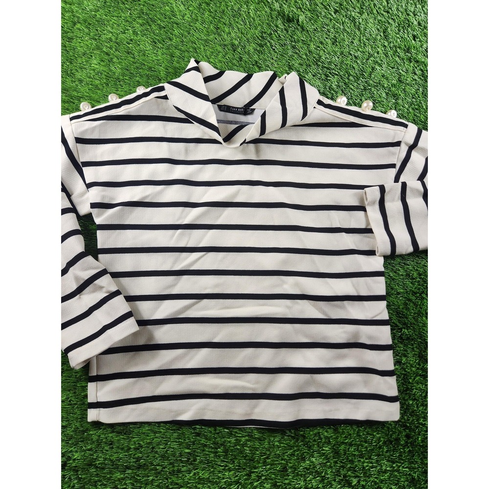 Zara Basic Shirt Womens XS White Black Stripe 3/4‎ Sleeve Mock Neck Beaded
